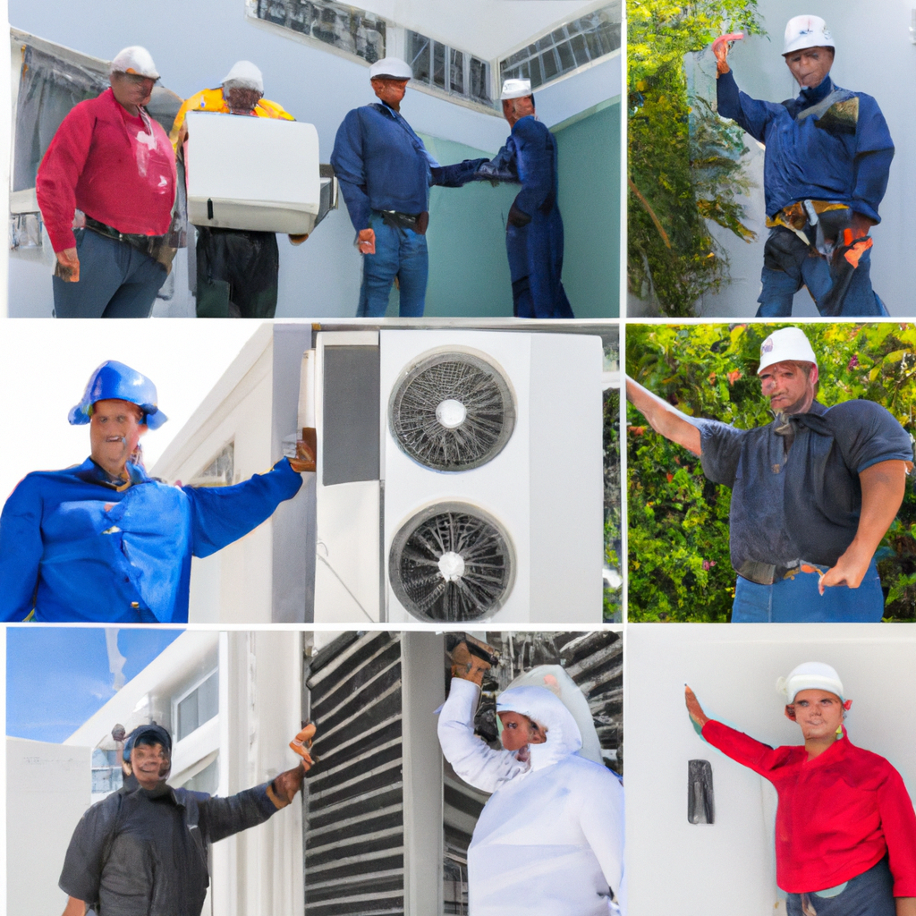 An image showcasing a diverse group of HVAC contractors in Miami, wearing professional uniforms and hard hats, inspecting and repairing complex heating and cooling systems with precision and expertise