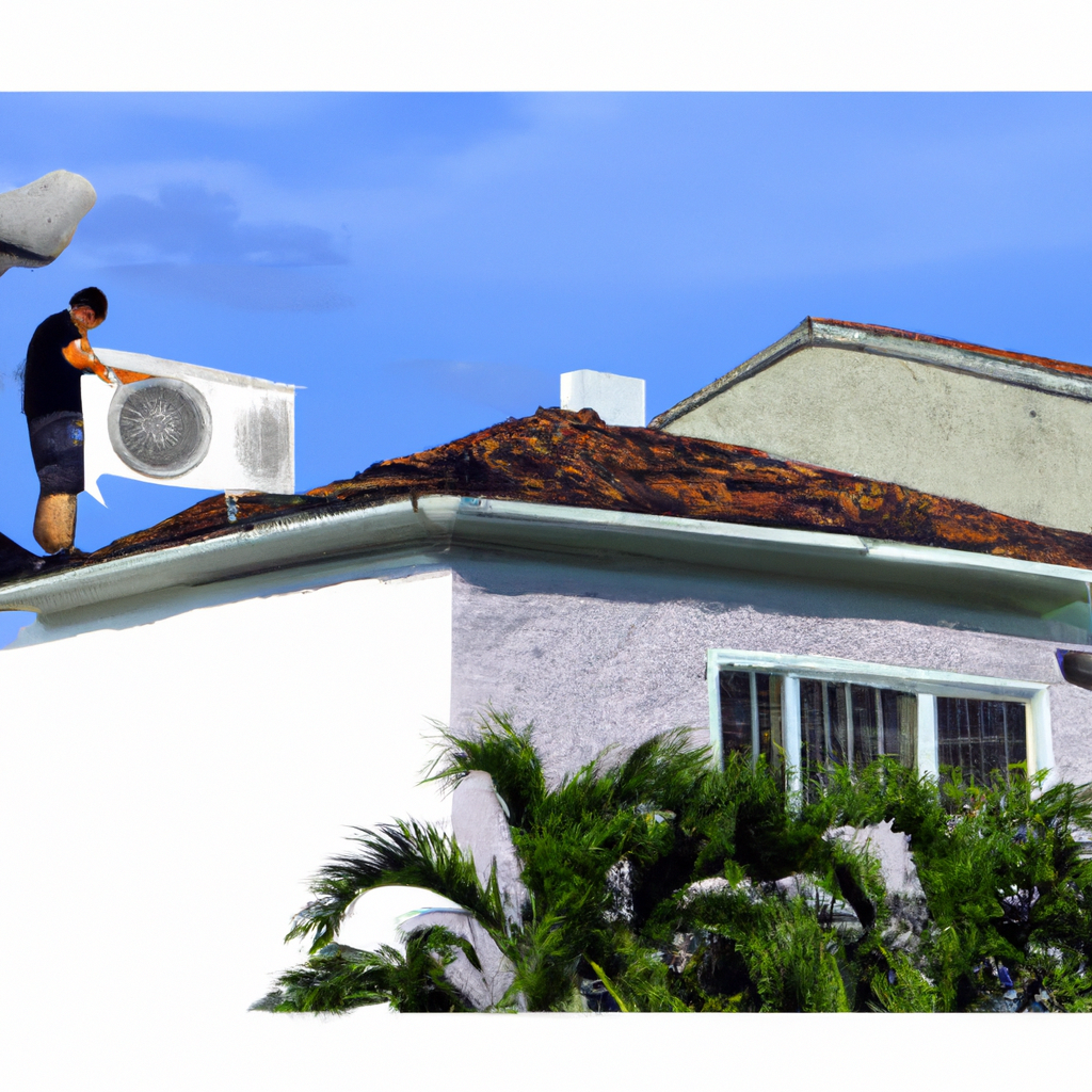 An image of a sweltering Miami neighborhood, with houses enveloped in heatwaves, while a skilled HVAC contractor, equipped with tools and expertise, works diligently to restore cool comfort to a distressed home