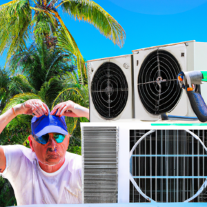 An image featuring a skilled technician in Miami, surrounded by a variety of air conditioning units, meticulously repairing one while beads of sweat glisten on his forehead amid the vibrant backdrop of palm trees and a scorching sun